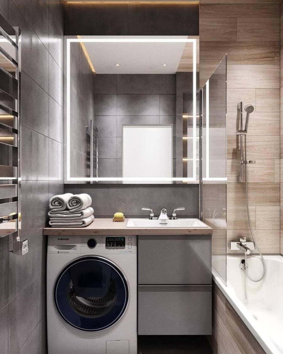Дизайн маленькой совмещенной ванной комнаты с туалетом и стиральной машиной в светлых тонах - 23 фото