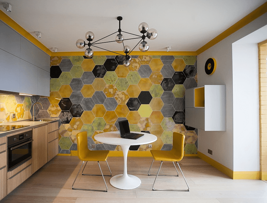 Желто-черная кухня: сочетания тонов в дизайна интерьера с серым, желтым