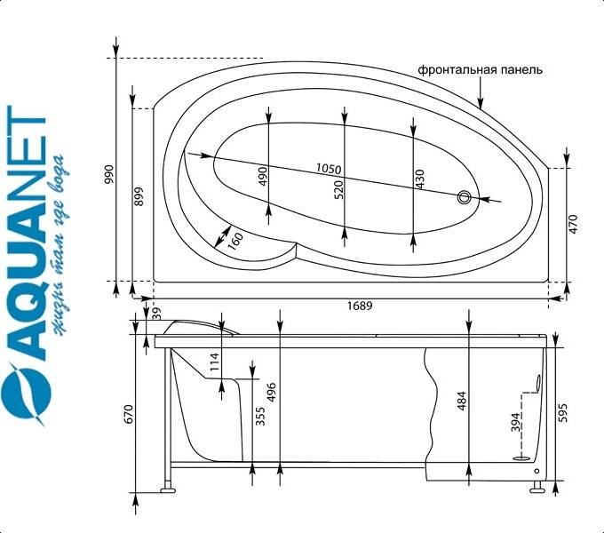 Обзор асимметричных ванн: описание и размеры