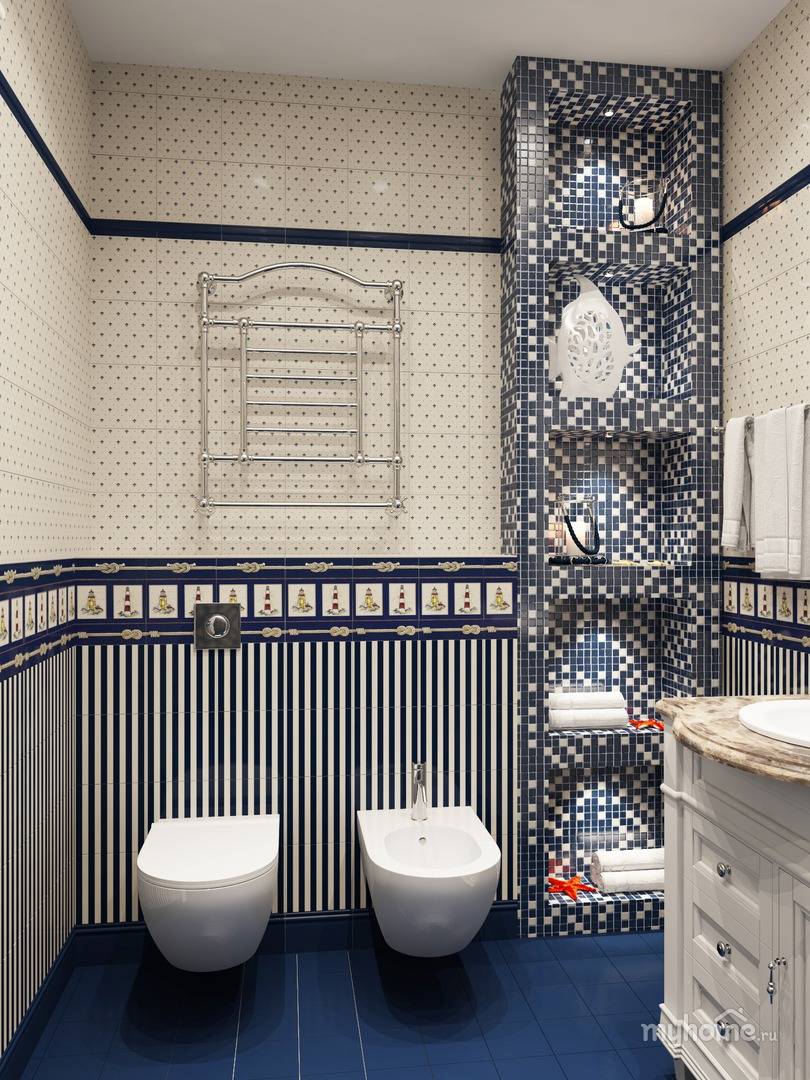 Ванна в морском стиле: оформление ванной комнаты в тематике моря, фото дизайна.