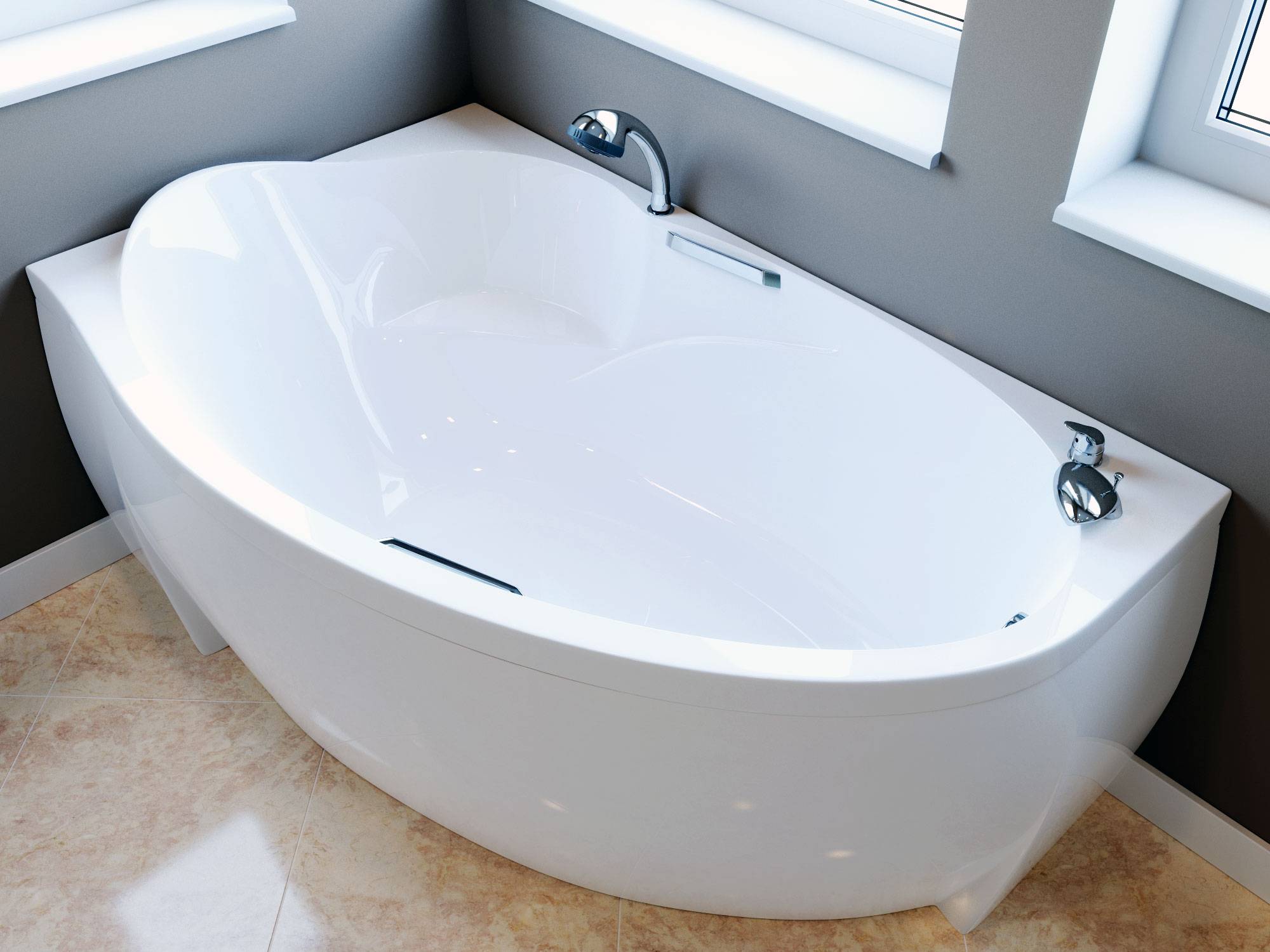 Как устанавливаются угловые ассиметричные акриловые ванны?