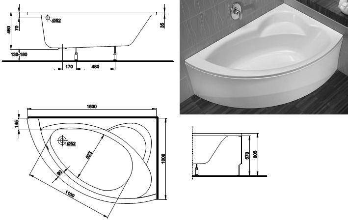 Асимметричные ванны (ассиметричные) - угловые и обычные, размеры в интерьере комнат