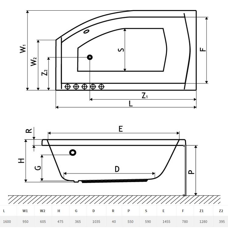 Ассиметричные угловые акриловые ванны: размеры